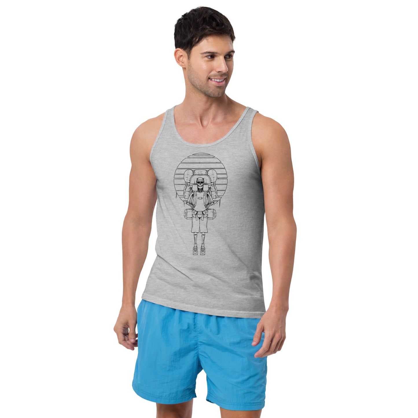 SKELLIES Men's Graphic Tank Top - Skeleton Hiking Line Print, Relaxed Fit, Casual Summer Wear