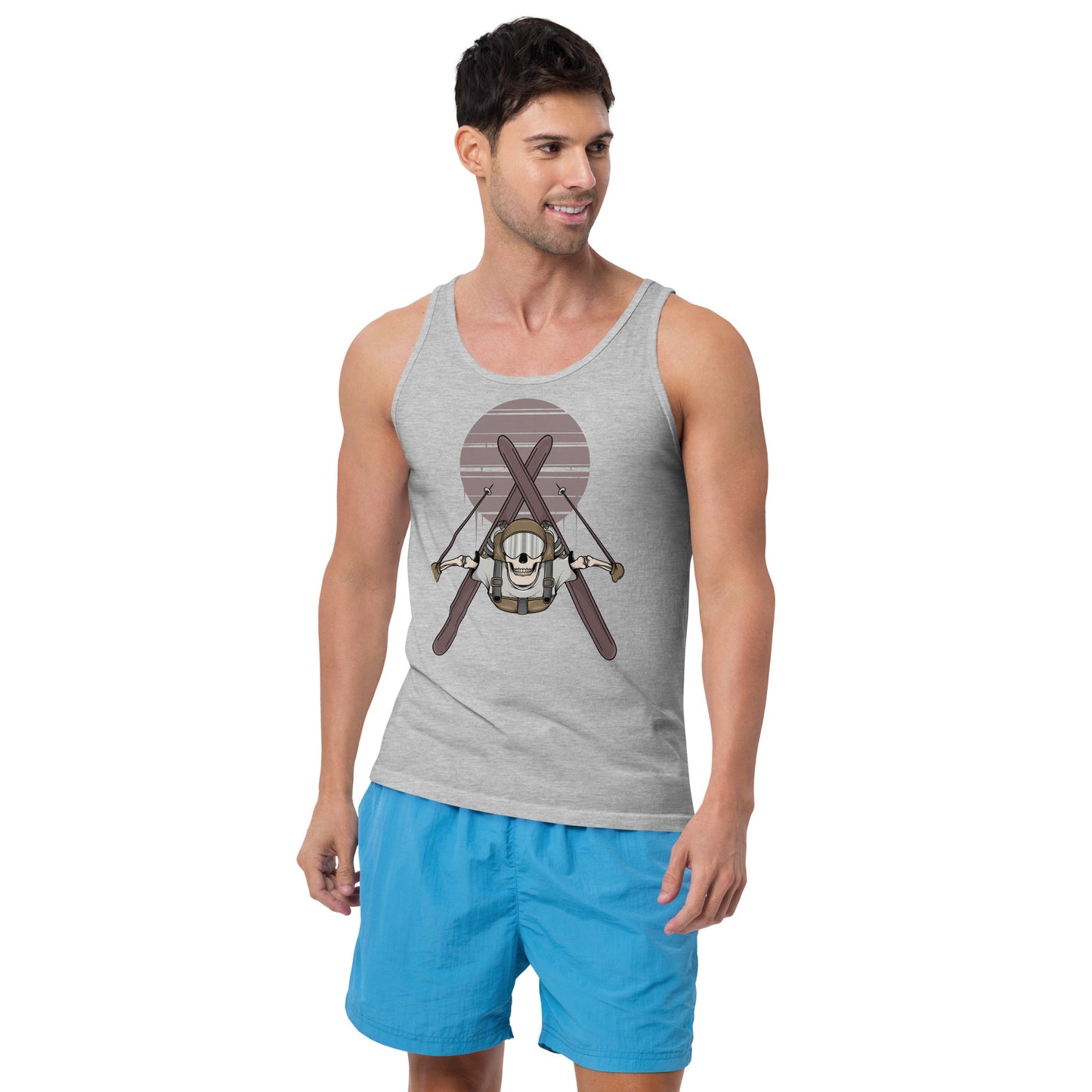 SKELLIES Men's Graphic Tank Top - Skeleton Skiing Flip Print, Relaxed Fit, Casual Summer Wear