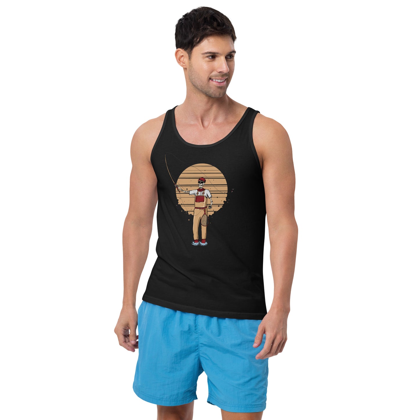 SKELLIES Men's Graphic Tank Top - Skeleton Fly Fishing Print, Relaxed Fit, Casual Summer Wear