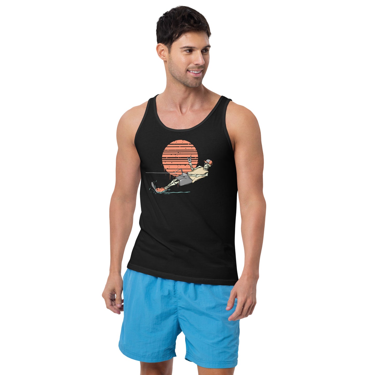 SKELLIES Men's Graphic Tank Top - Skeleton Water Skiing Slalom Print, Relaxed Fit, Casual Summer Wear