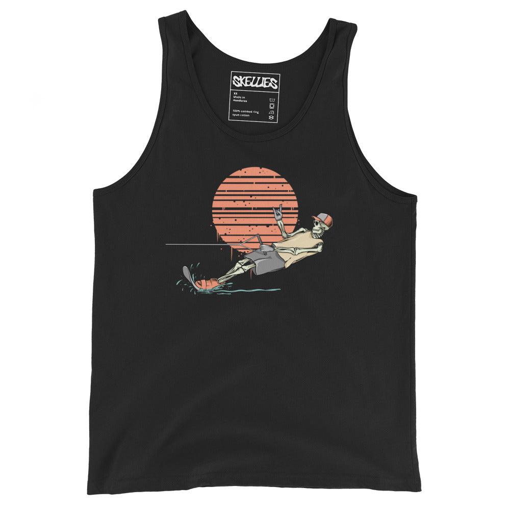 SKELLIES Men's Graphic Tank Top - Skeleton Water Skiing Slalom Print, Relaxed Fit, Casual Summer Wear