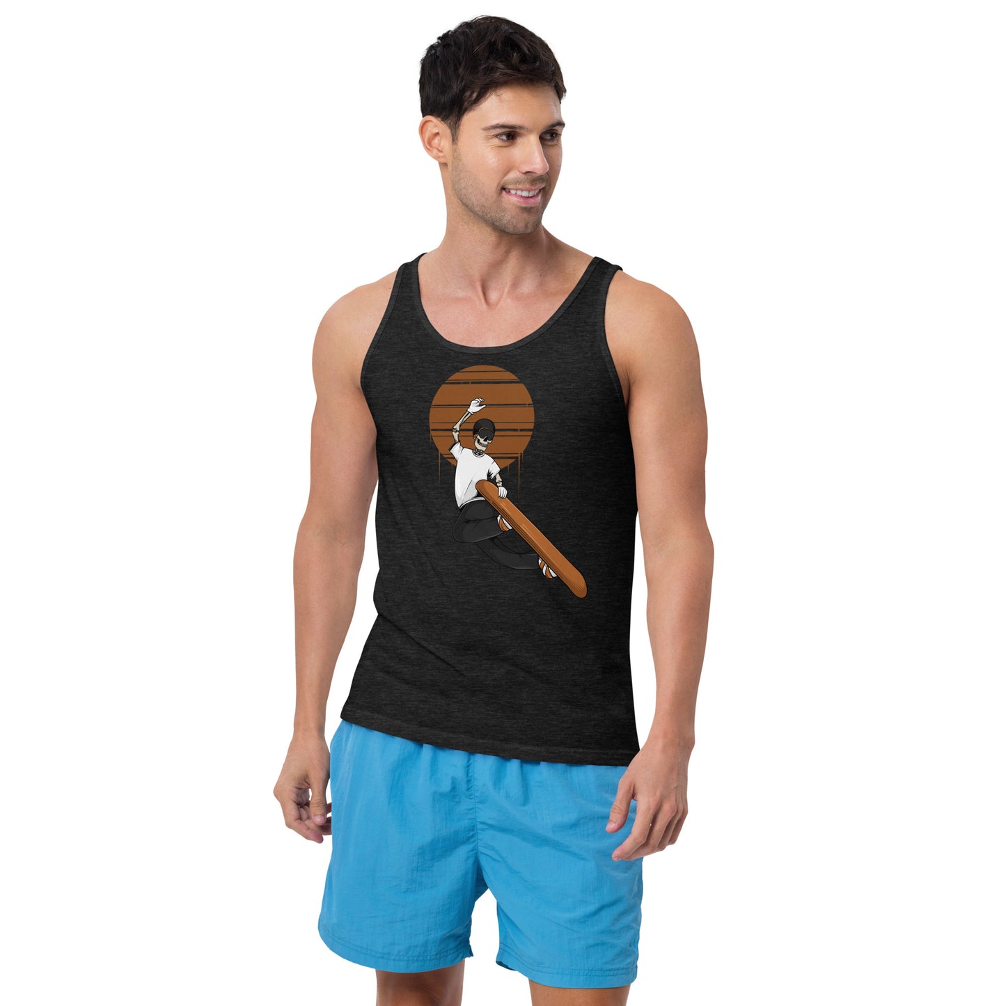 SKELLIES Men's Graphic Tank Top - Skeleton Snowboarding Grab Print, Relaxed Fit, Casual Summer Wear