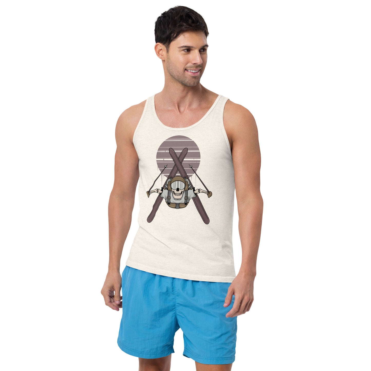 SKELLIES Men's Graphic Tank Top - Skeleton Skiing Flip Print, Relaxed Fit, Casual Summer Wear