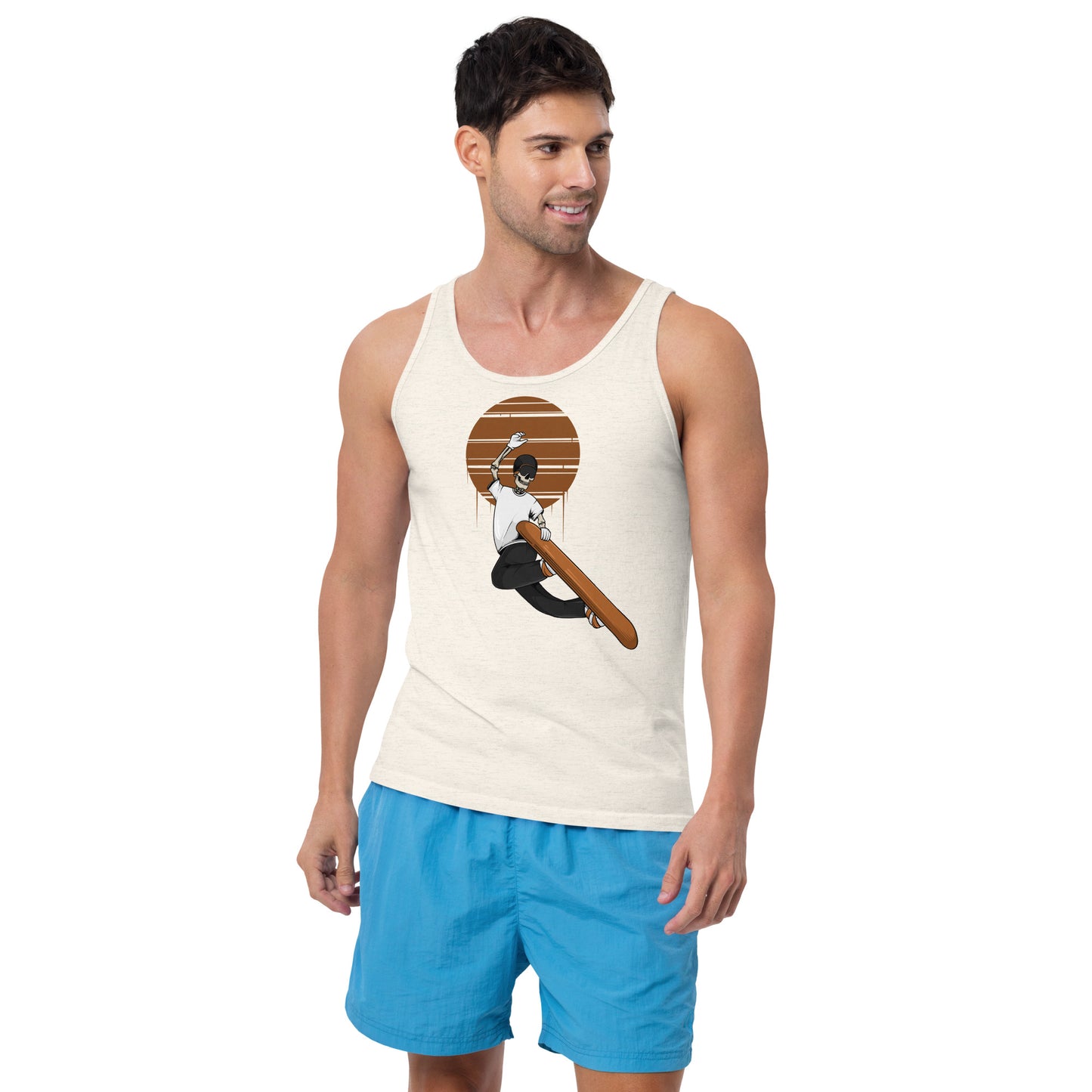 SKELLIES Men's Graphic Tank Top - Skeleton Snowboarding Grab Print, Relaxed Fit, Casual Summer Wear