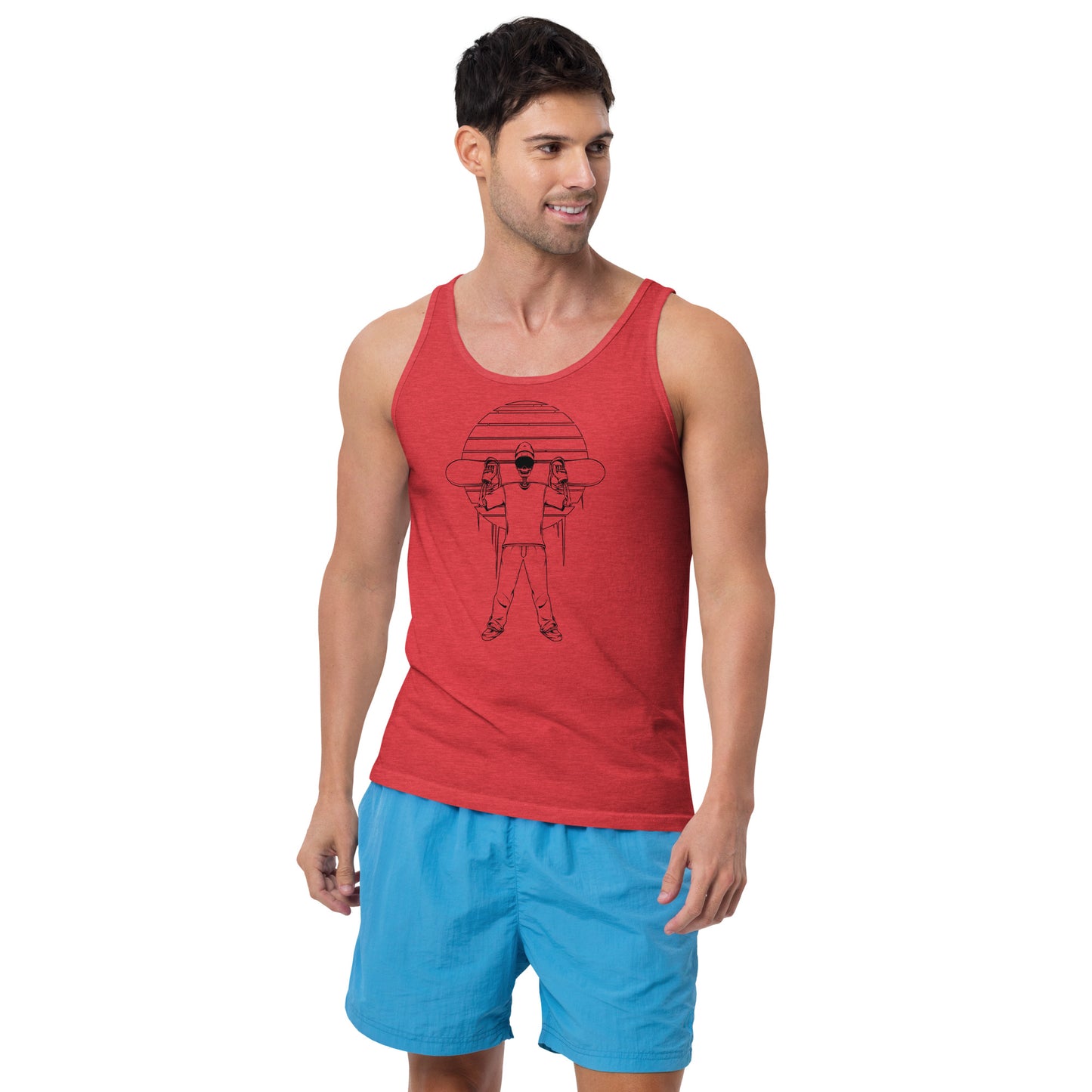 SKELLIES Men's Graphic Tank Top - Skeleton Snowboarding Line Print, Relaxed Fit, Casual Summer Wear