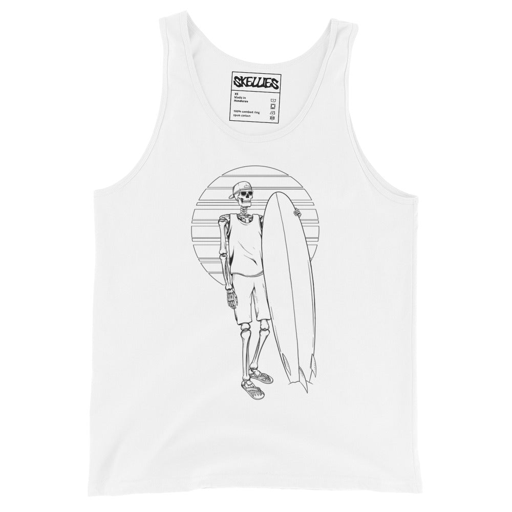 SKELLIES Men's Graphic Tank Top - Skeleton Surfing Line Print, Relaxed Fit, Casual Summer Wear