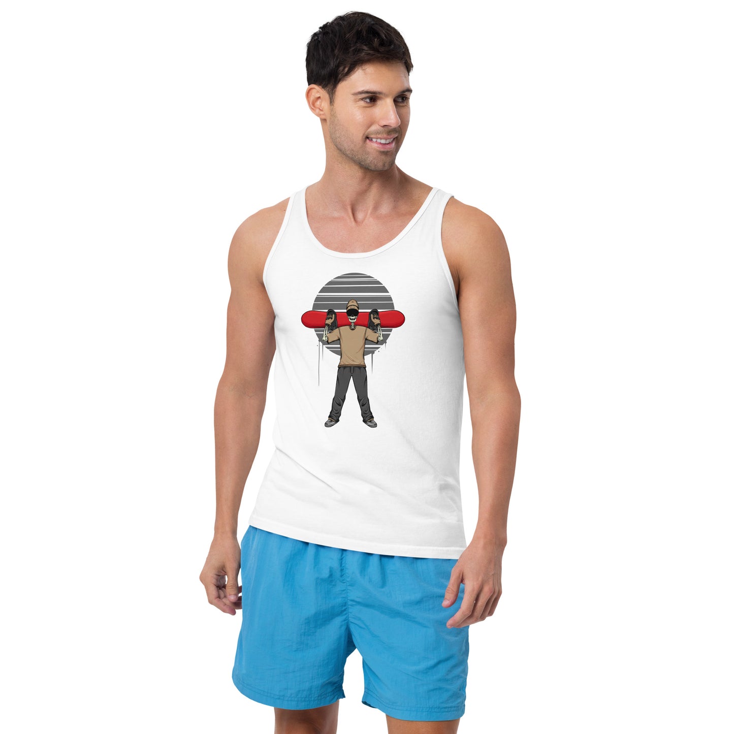 SKELLIES Men's Graphic Tank Top - Skeleton Snowboarding Print, Relaxed Fit, Casual Summer Wear