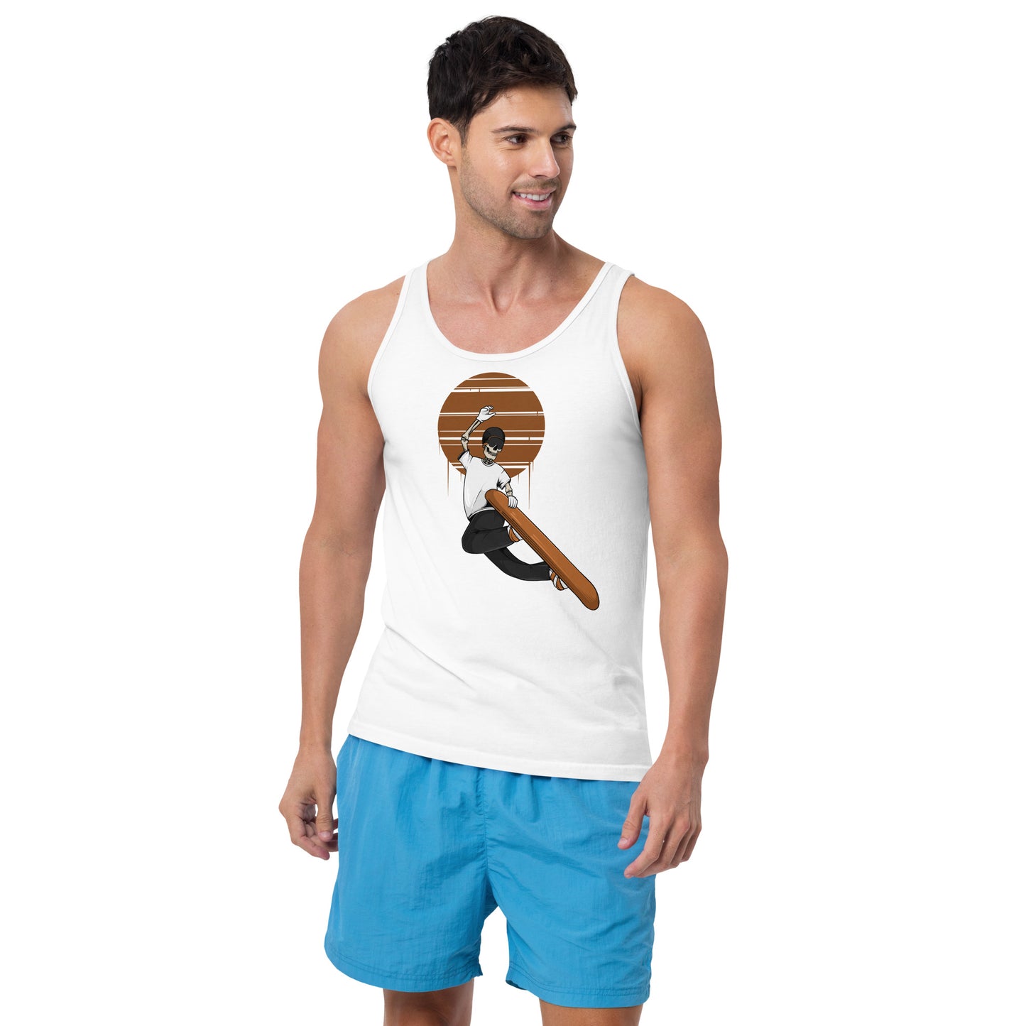 SKELLIES Men's Graphic Tank Top - Skeleton Snowboarding Grab Print, Relaxed Fit, Casual Summer Wear