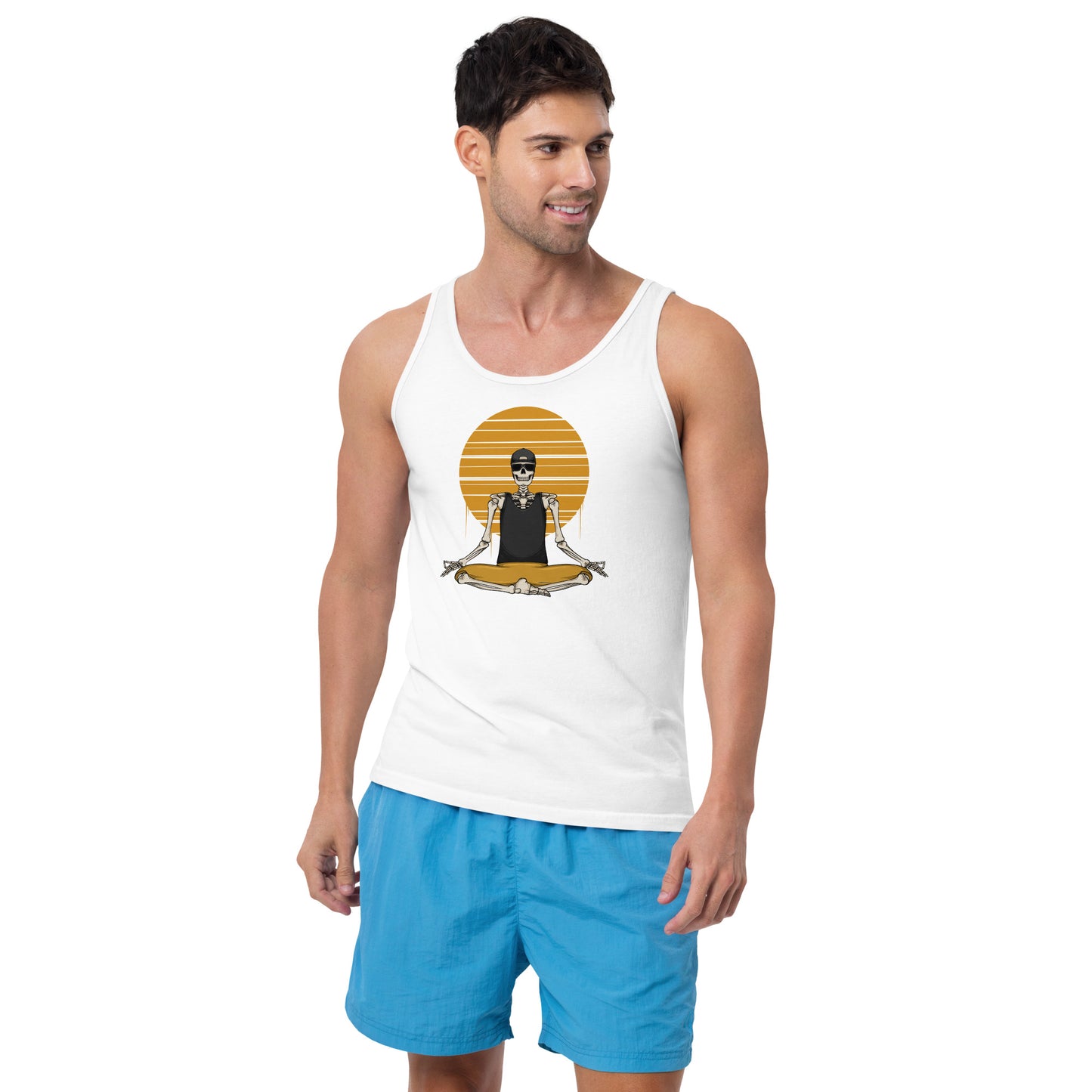 SKELLIES Men's Graphic Tank Top - Yoga Skeleton Print, Relaxed Fit, Casual Summer Wear