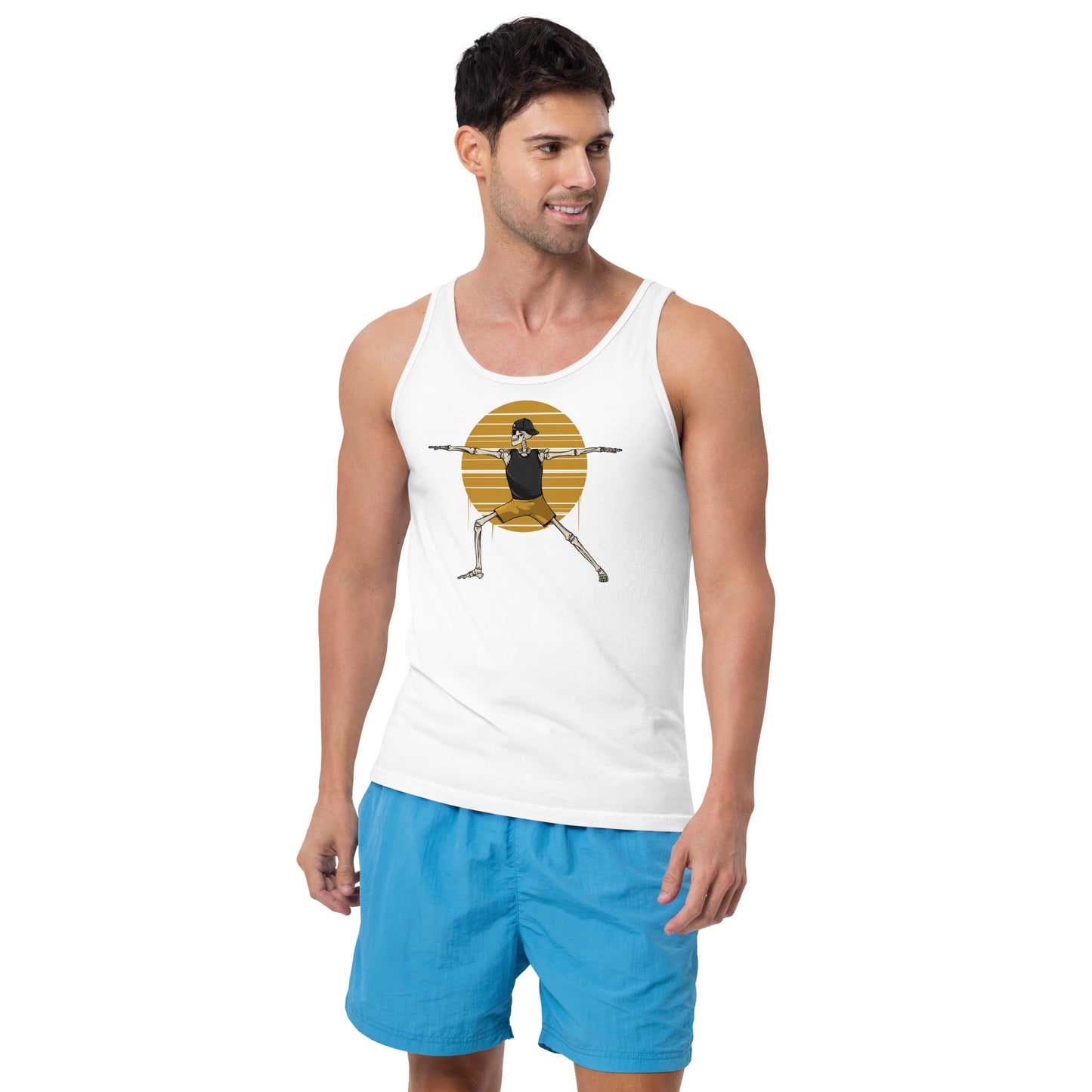 SKELLIES Men's Graphic Tank Top - Yoga Warrior Skeleton Print, Relaxed Fit, Casual Summer Wear