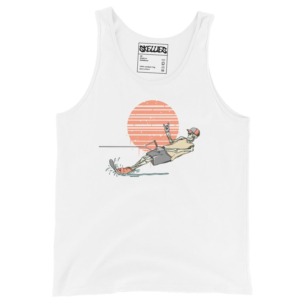 SKELLIES Men's Graphic Tank Top - Skeleton Water Skiing Slalom Print, Relaxed Fit, Casual Summer Wear