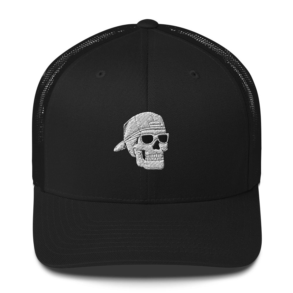 SKELLIES Black Trucker Hat - Skull with Sunglasses Embroidery, Breathable Mesh, Adjustable Snapback, Unisex Urban Cap