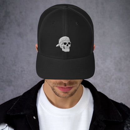 SKELLIES Black Trucker Hat - Skull with Sunglasses Embroidery, Breathable Mesh, Adjustable Snapback, Unisex Urban Cap