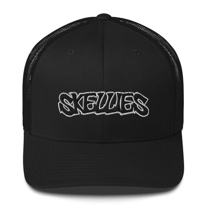 SKELLIES Classic Black Trucker Hat - Breathable Mesh Back, Adjustable Snapback, Durable Embroidered Logo, Unisex Cap