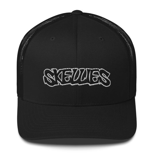 SKELLIES Classic Black Trucker Hat - Breathable Mesh Back, Adjustable Snapback, Durable Embroidered Logo, Unisex Cap