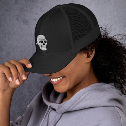 SKELLIES Black Trucker Hat - Skull with Sunglasses Embroidery, Breathable Mesh, Adjustable Snapback, Unisex Urban Cap