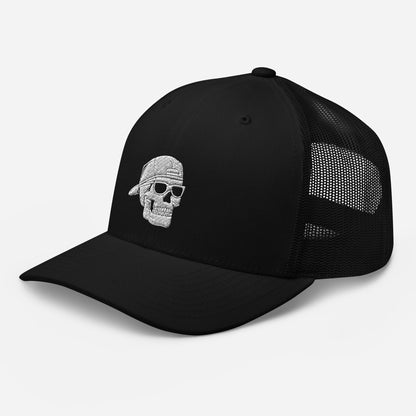 SKELLIES Black Trucker Hat - Skull with Sunglasses Embroidery, Breathable Mesh, Adjustable Snapback, Unisex Urban Cap