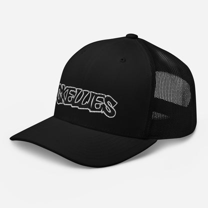 SKELLIES Classic Black Trucker Hat - Breathable Mesh Back, Adjustable Snapback, Durable Embroidered Logo, Unisex Cap