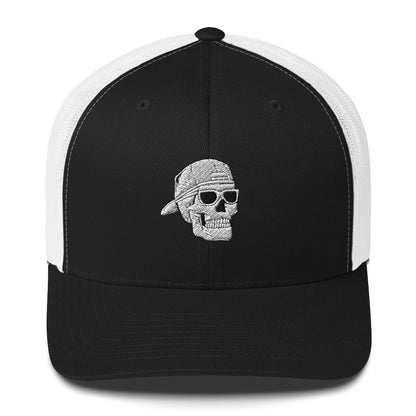 SKELLIES Black Trucker Hat - Skull with Sunglasses Embroidery, Breathable White Mesh, Adjustable Snapback, Unisex Urban Cap