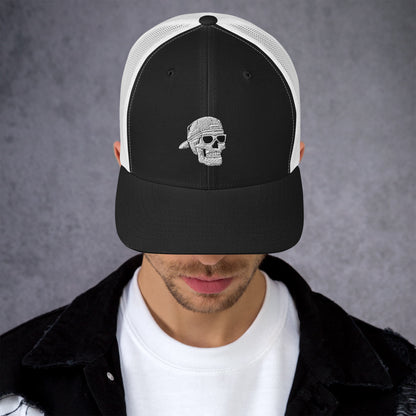 SKELLIES Black Trucker Hat - Skull with Sunglasses Embroidery, Breathable White Mesh, Adjustable Snapback, Unisex Urban Cap