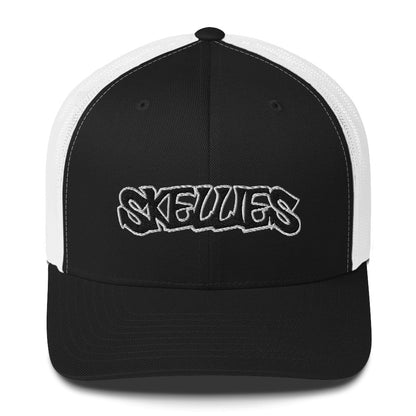 SKELLIES Classic Black Trucker Hat - Breathable White Mesh Back, Adjustable Snapback, Durable Embroidered Logo, Unisex Cap