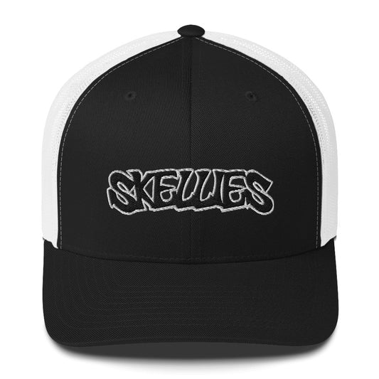 SKELLIES Classic Black Trucker Hat - Breathable White Mesh Back, Adjustable Snapback, Durable Embroidered Logo, Unisex Cap