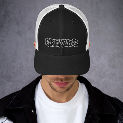 SKELLIES Classic Black Trucker Hat - Breathable White Mesh Back, Adjustable Snapback, Durable Embroidered Logo, Unisex Cap