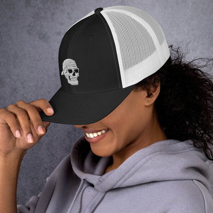 SKELLIES Black Trucker Hat - Skull with Sunglasses Embroidery, Breathable White Mesh, Adjustable Snapback, Unisex Urban Cap