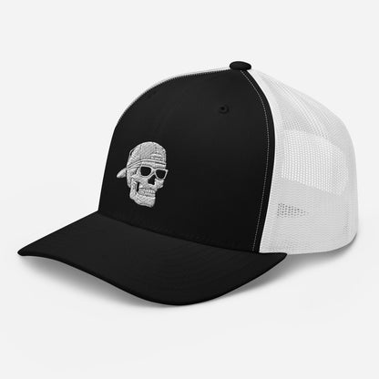 SKELLIES Black Trucker Hat - Skull with Sunglasses Embroidery, Breathable White Mesh, Adjustable Snapback, Unisex Urban Cap