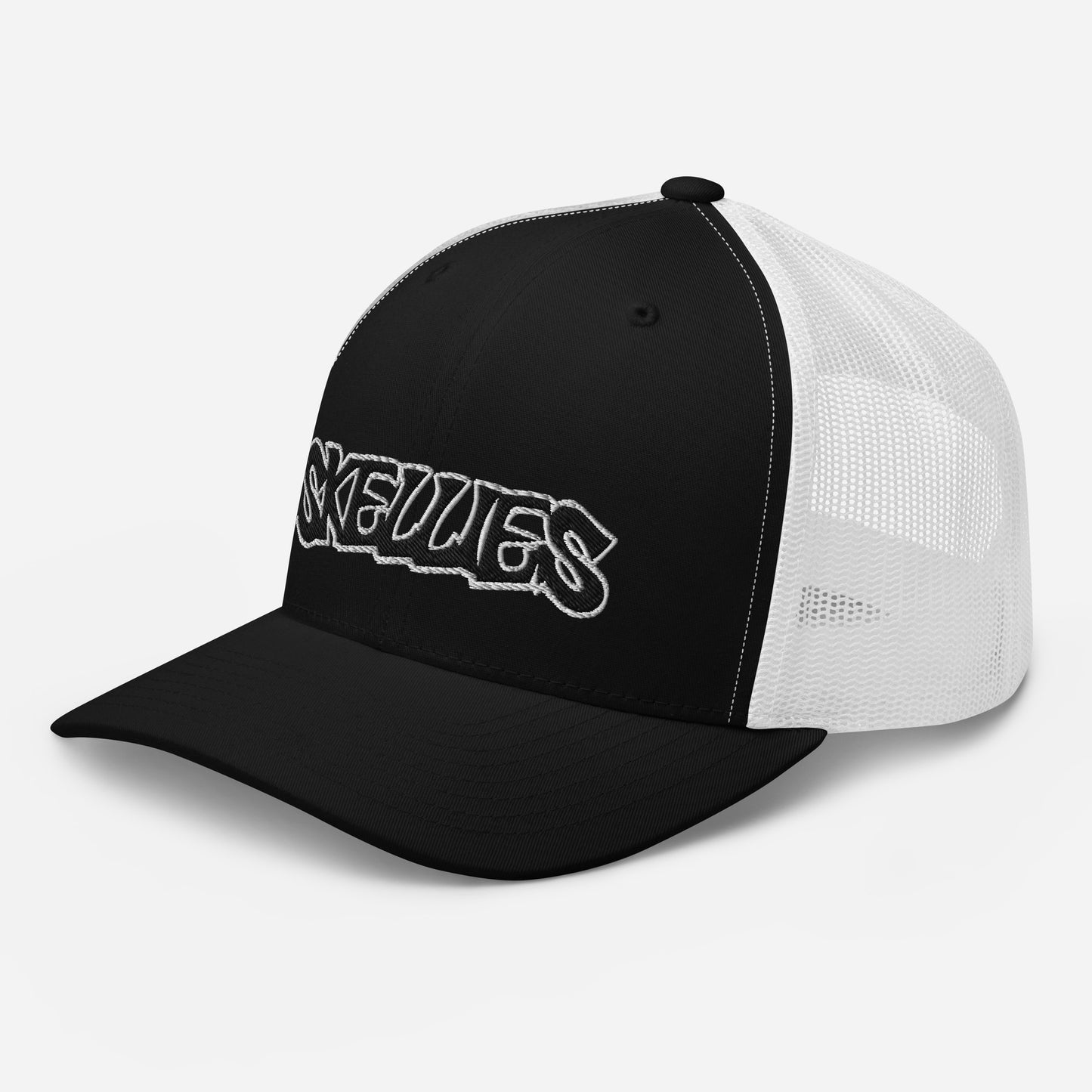 SKELLIES Classic Black Trucker Hat - Breathable White Mesh Back, Adjustable Snapback, Durable Embroidered Logo, Unisex Cap