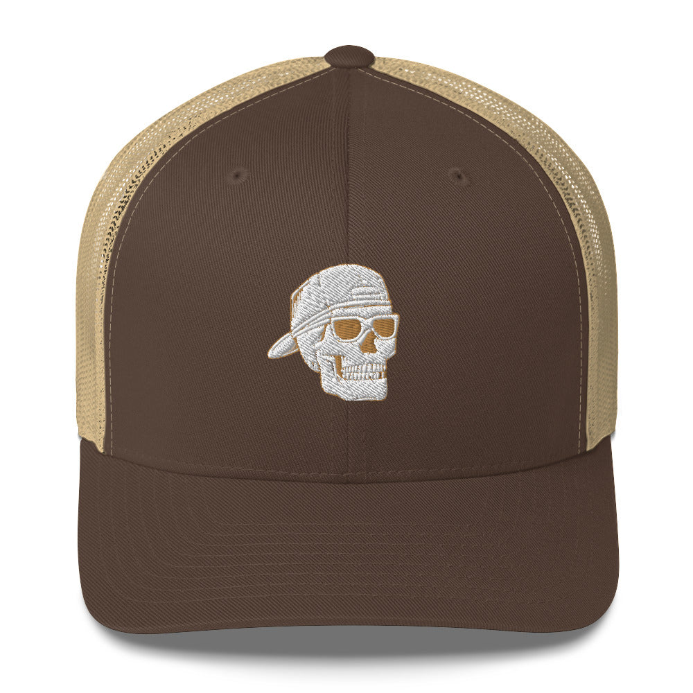 SKELLIES Brown Trucker Hat - Skull with Sunglasses Embroidery, Breathable Mesh, Adjustable Snapback, Unisex Urban Cap