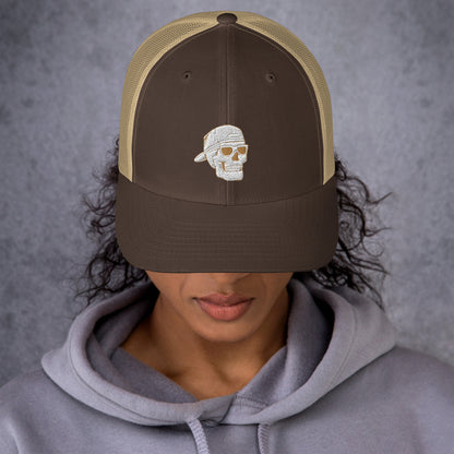 SKELLIES Brown Trucker Hat - Skull with Sunglasses Embroidery, Breathable Mesh, Adjustable Snapback, Unisex Urban Cap