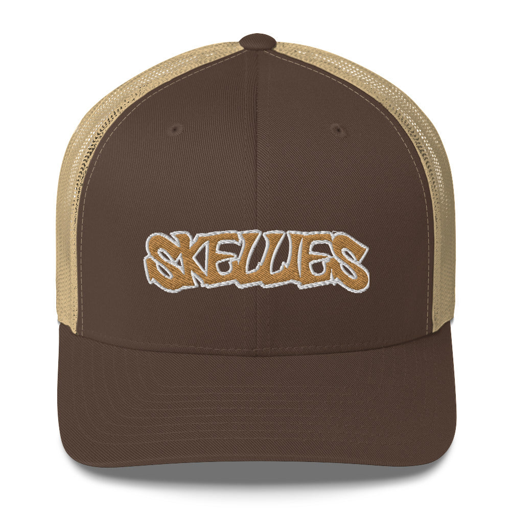 SKELLIES Classic Brown Trucker Hat - Breathable Mesh Back, Adjustable Snapback, Durable Embroidered Logo, Unisex Cap