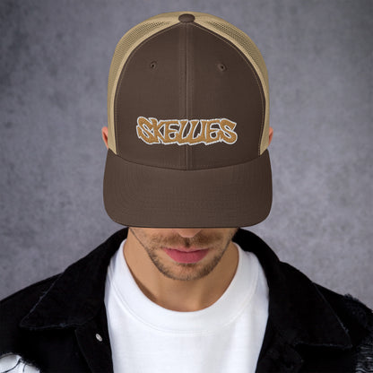 SKELLIES Classic Brown Trucker Hat - Breathable Mesh Back, Adjustable Snapback, Durable Embroidered Logo, Unisex Cap