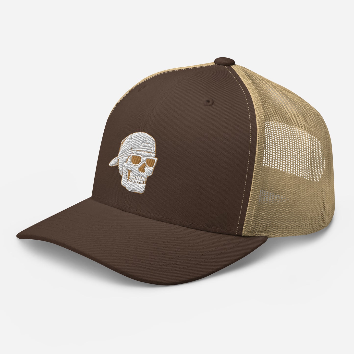 SKELLIES Brown Trucker Hat - Skull with Sunglasses Embroidery, Breathable Mesh, Adjustable Snapback, Unisex Urban Cap