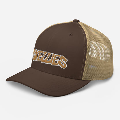 SKELLIES Classic Brown Trucker Hat - Breathable Mesh Back, Adjustable Snapback, Durable Embroidered Logo, Unisex Cap