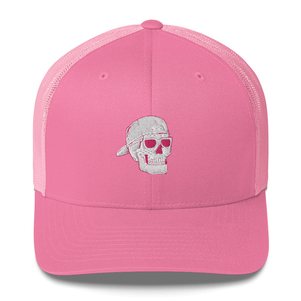 SKELLIES Pink Trucker Hat - Skull with Sunglasses Embroidery, Breathable Mesh, Adjustable Snapback, Unisex Urban Cap