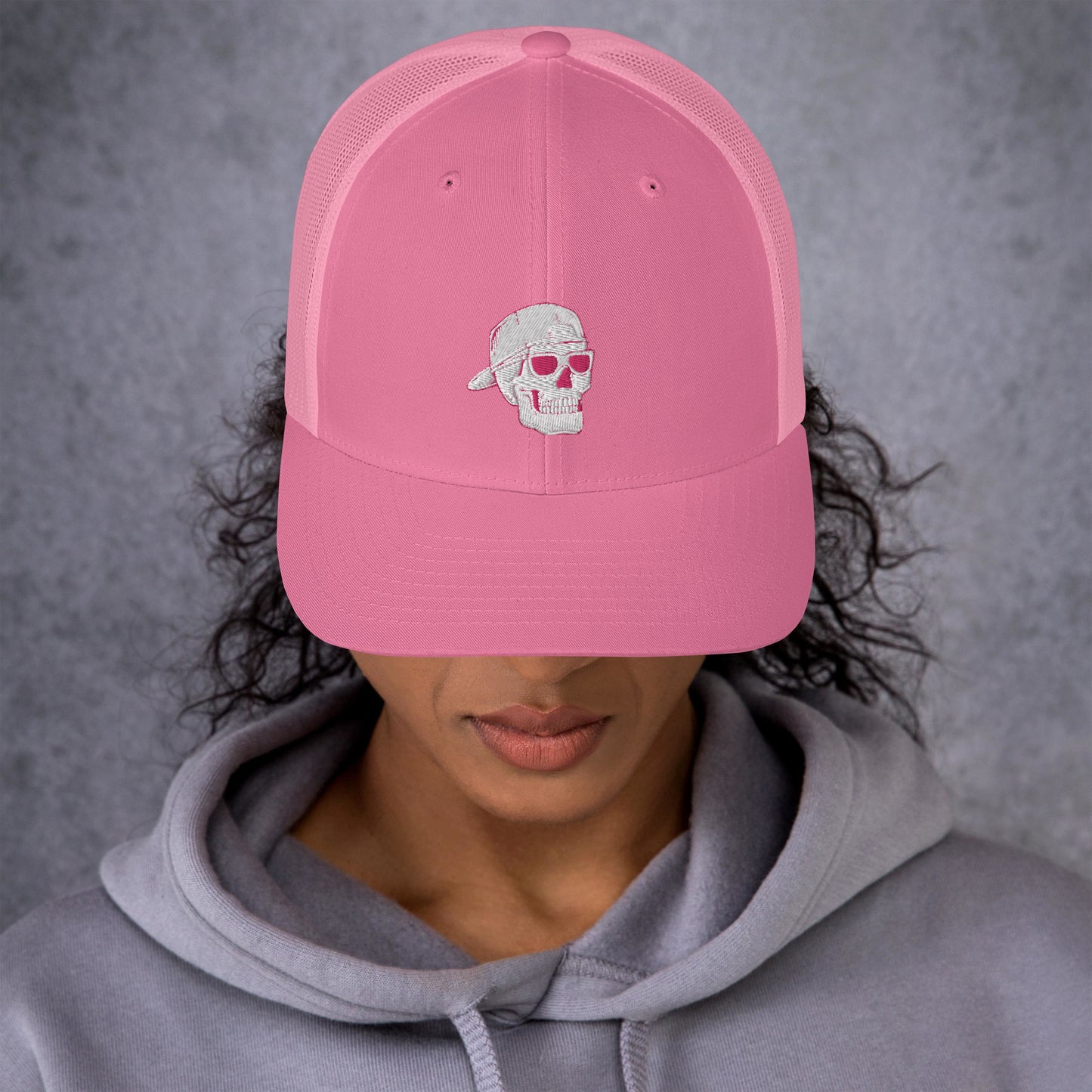 SKELLIES Pink Trucker Hat - Skull with Sunglasses Embroidery, Breathable Mesh, Adjustable Snapback, Unisex Urban Cap