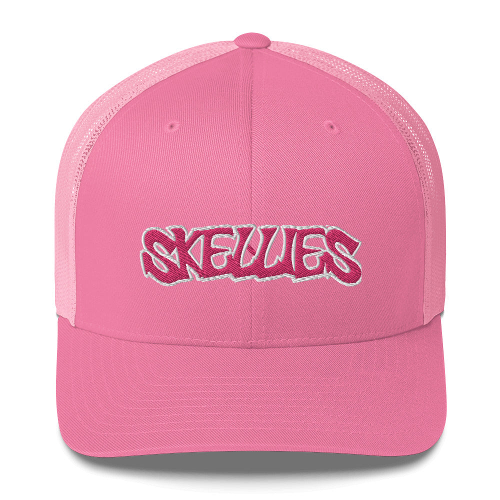 SKELLIES Classic Pink Trucker Hat - Breathable Mesh Back, Adjustable Snapback, Durable Embroidered Logo, Unisex Cap