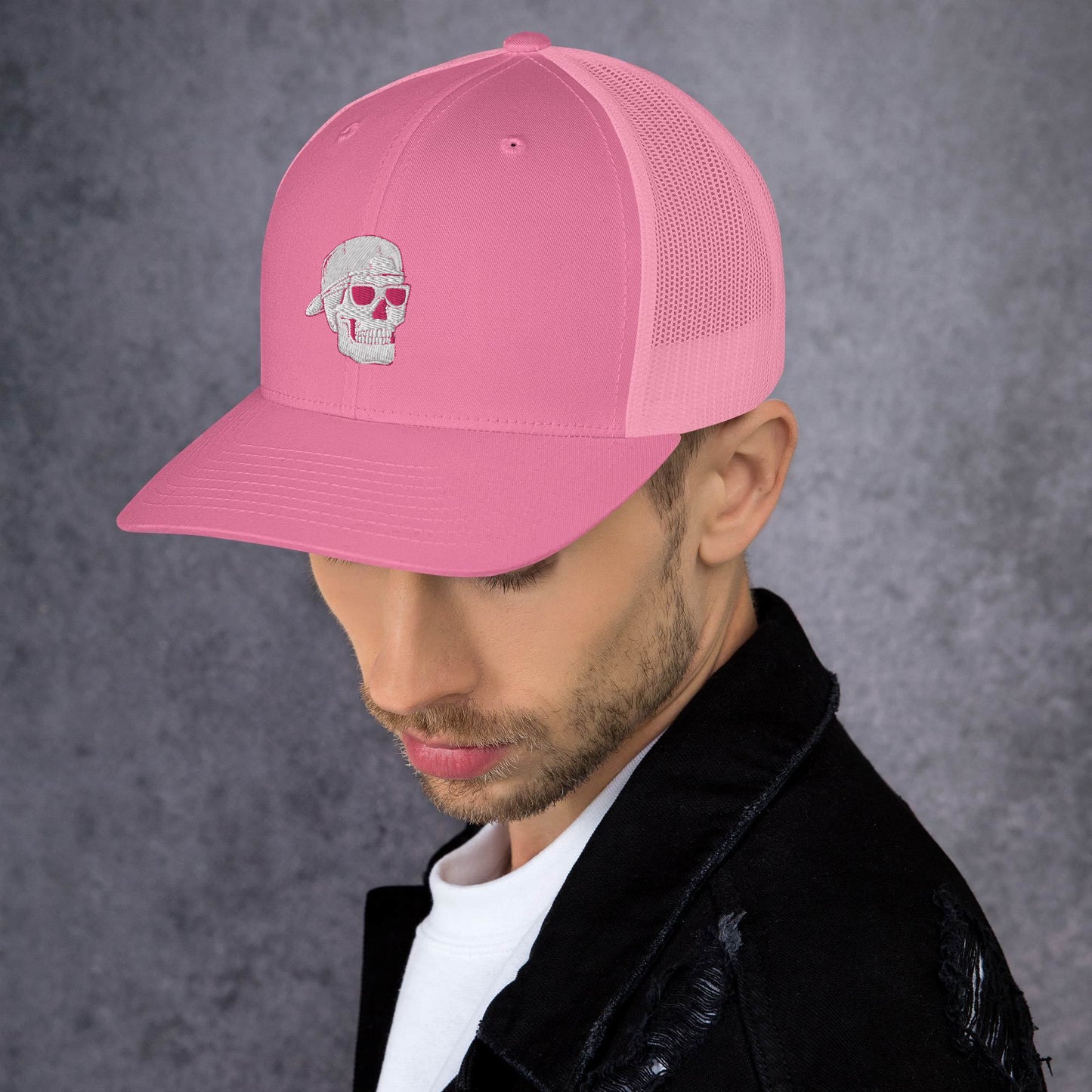 SKELLIES Pink Trucker Hat - Skull with Sunglasses Embroidery, Breathable Mesh, Adjustable Snapback, Unisex Urban Cap