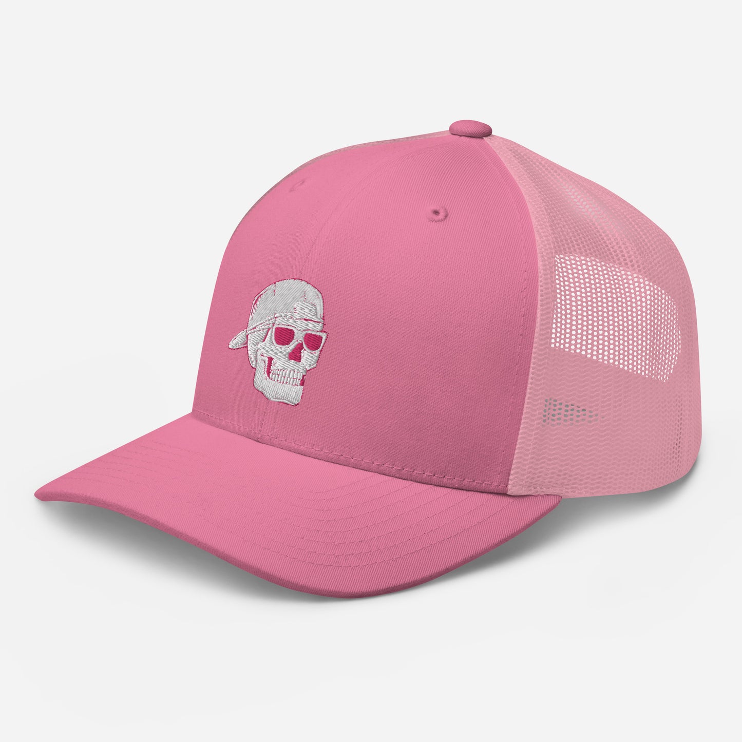 SKELLIES Pink Trucker Hat - Skull with Sunglasses Embroidery, Breathable Mesh, Adjustable Snapback, Unisex Urban Cap