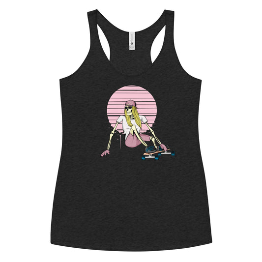 SKELLIES Women's Graphic Racerback Tank Top - Skeleton Longboarding Tank Top Print, Relaxed Fit, Casual Wear