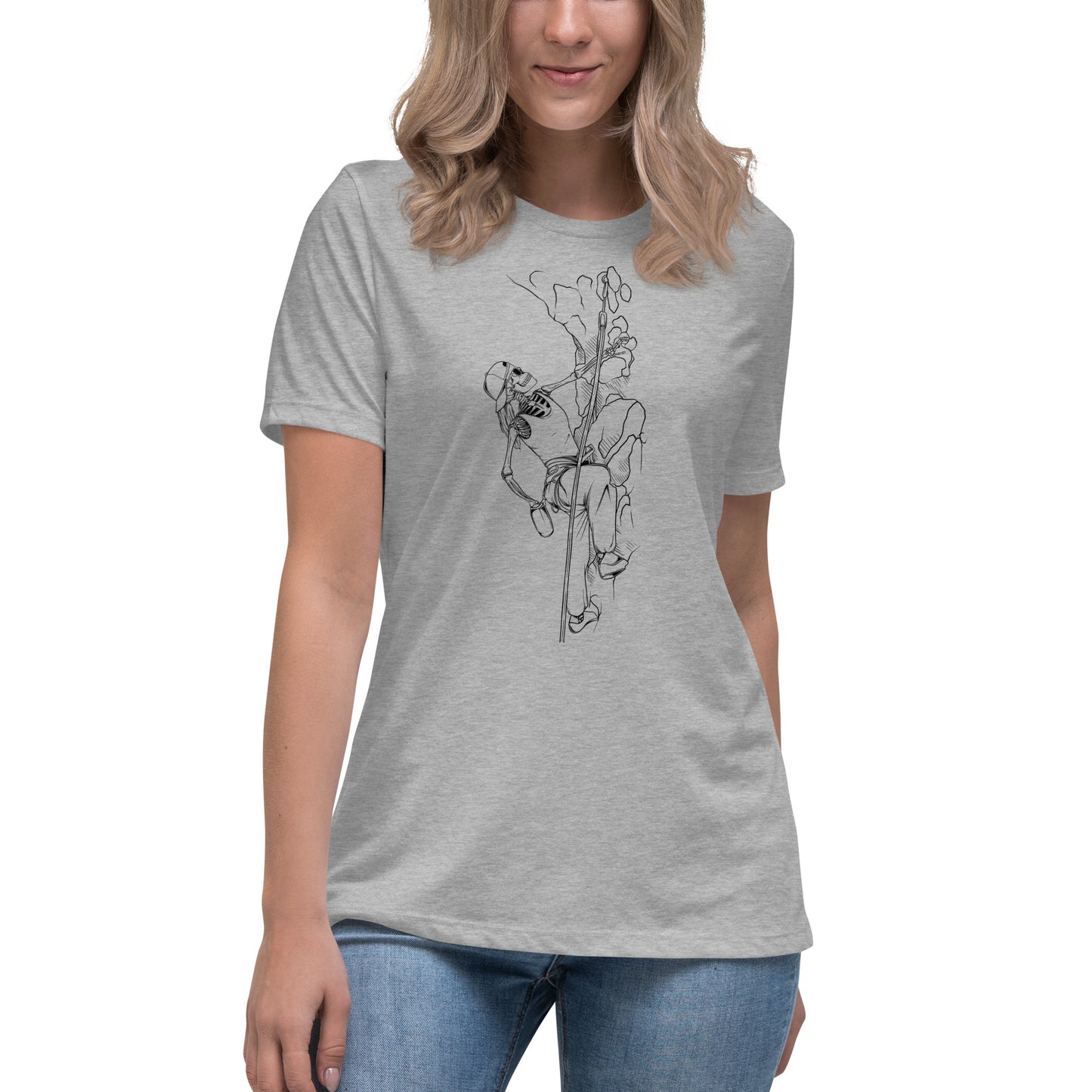 SKELLIES Women's Graphic T-shirt - Skeleton Rock Climbing T-shirt Line Print, Relaxed Fit, Casual Wear