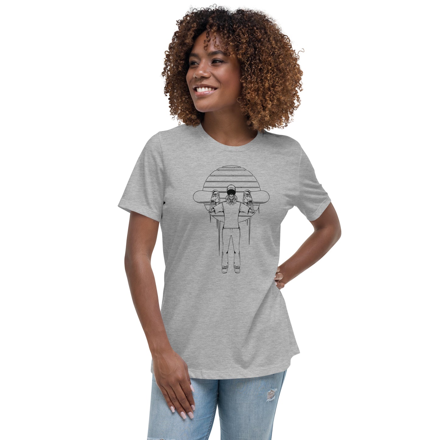 SKELLIES Women's Graphic T-shirt - Skeleton Snowboarding T-shirt Line Print, Relaxed Fit, Casual Wear