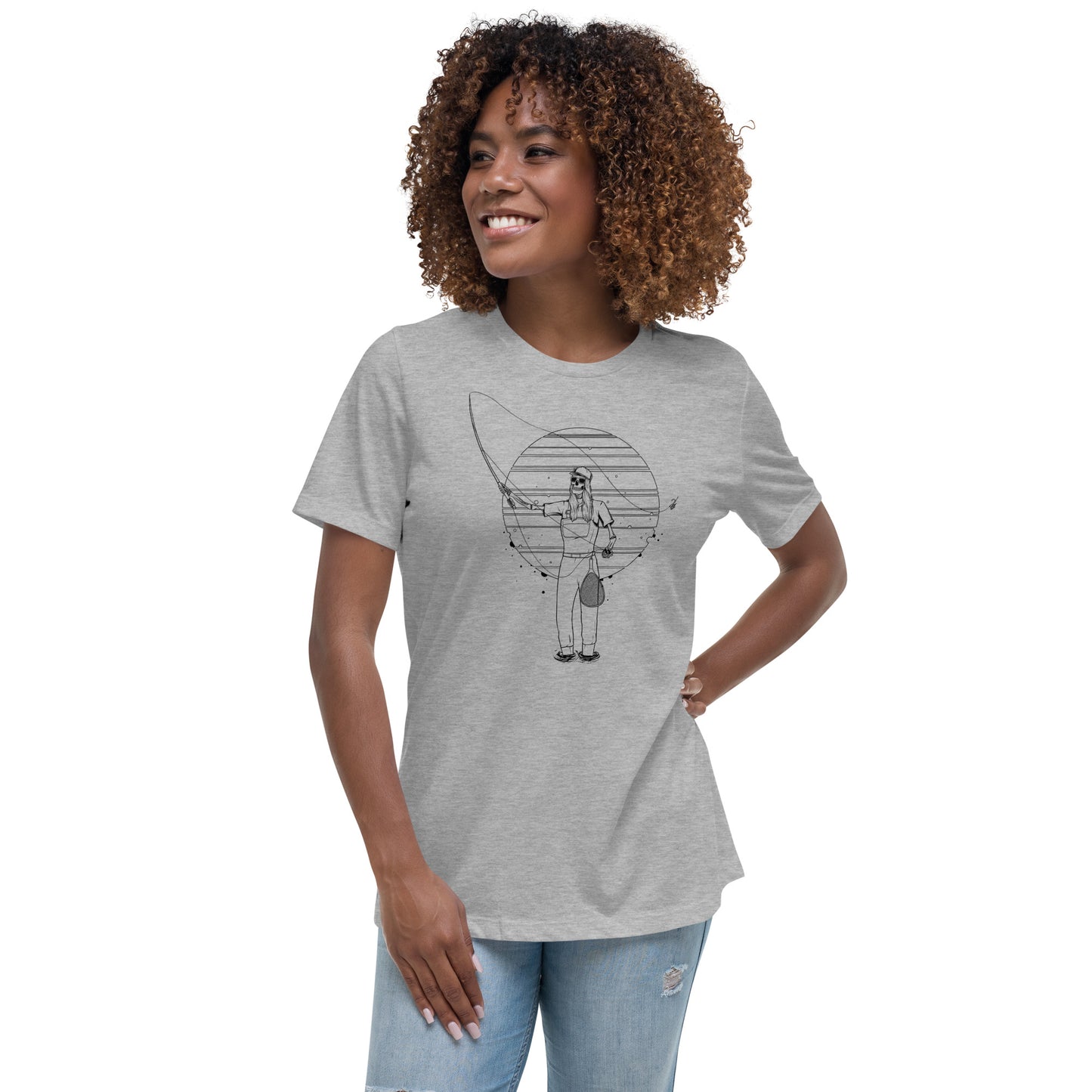 SKELLIES Women's Graphic T-shirt - Skeleton Fly Fishing T-shirt Line Print, Relaxed Fit, Casual Wear