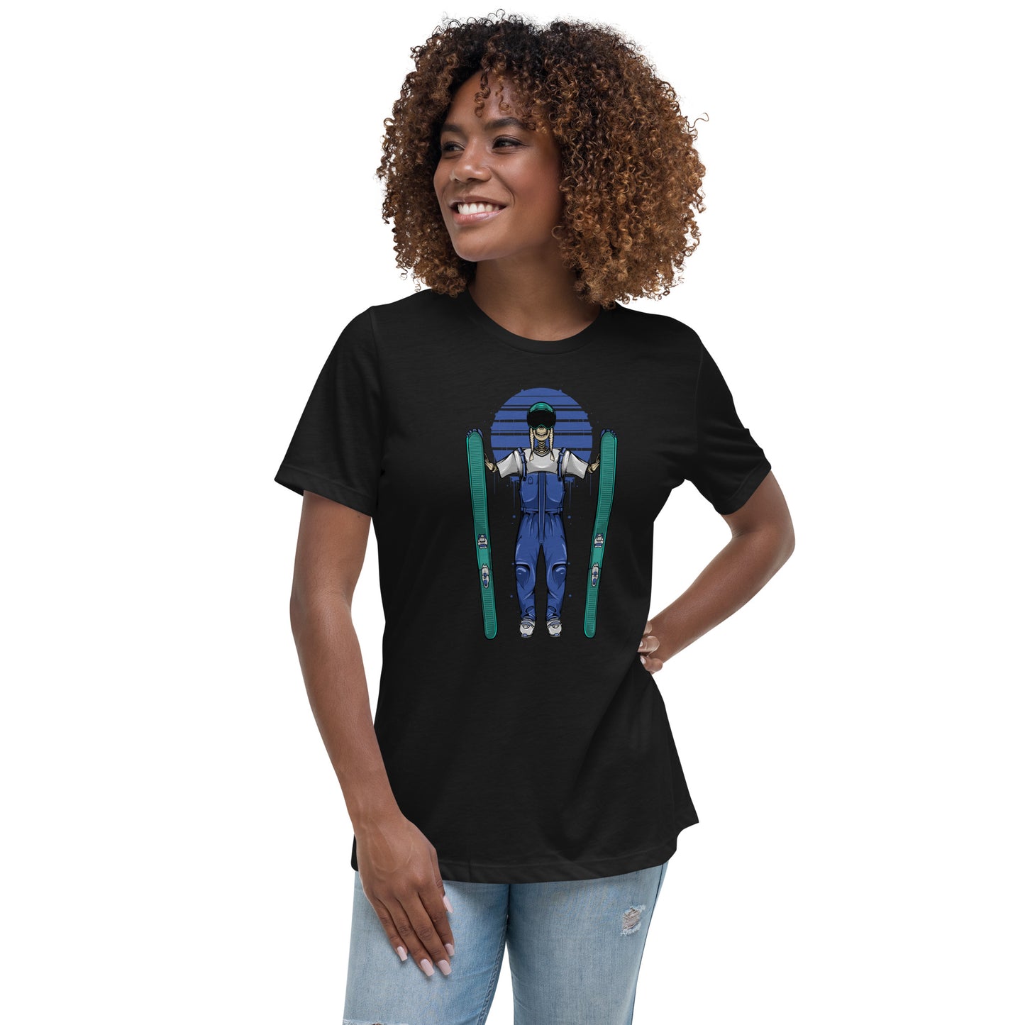 SKELLIES Women's Graphic T-shirt - Skeleton Skiing T-shirt Print, Relaxed Fit, Casual Wear