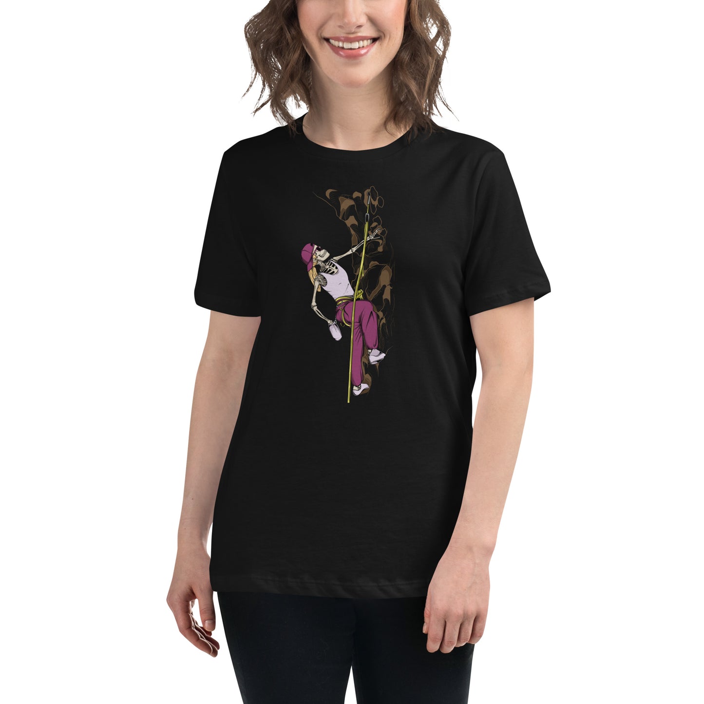 SKELLIES Women's Graphic T-shirt - Skeleton Rock Climbing T-shirt Print, Relaxed Fit, Casual Wear