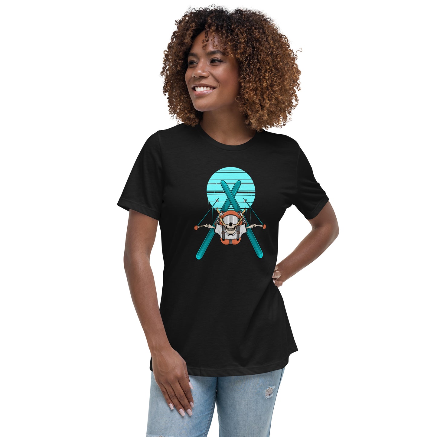 SKELLIES Women's Graphic T-shirt - Skeleton Skiing Flip T-shirt Print, Relaxed Fit, Casual Wear