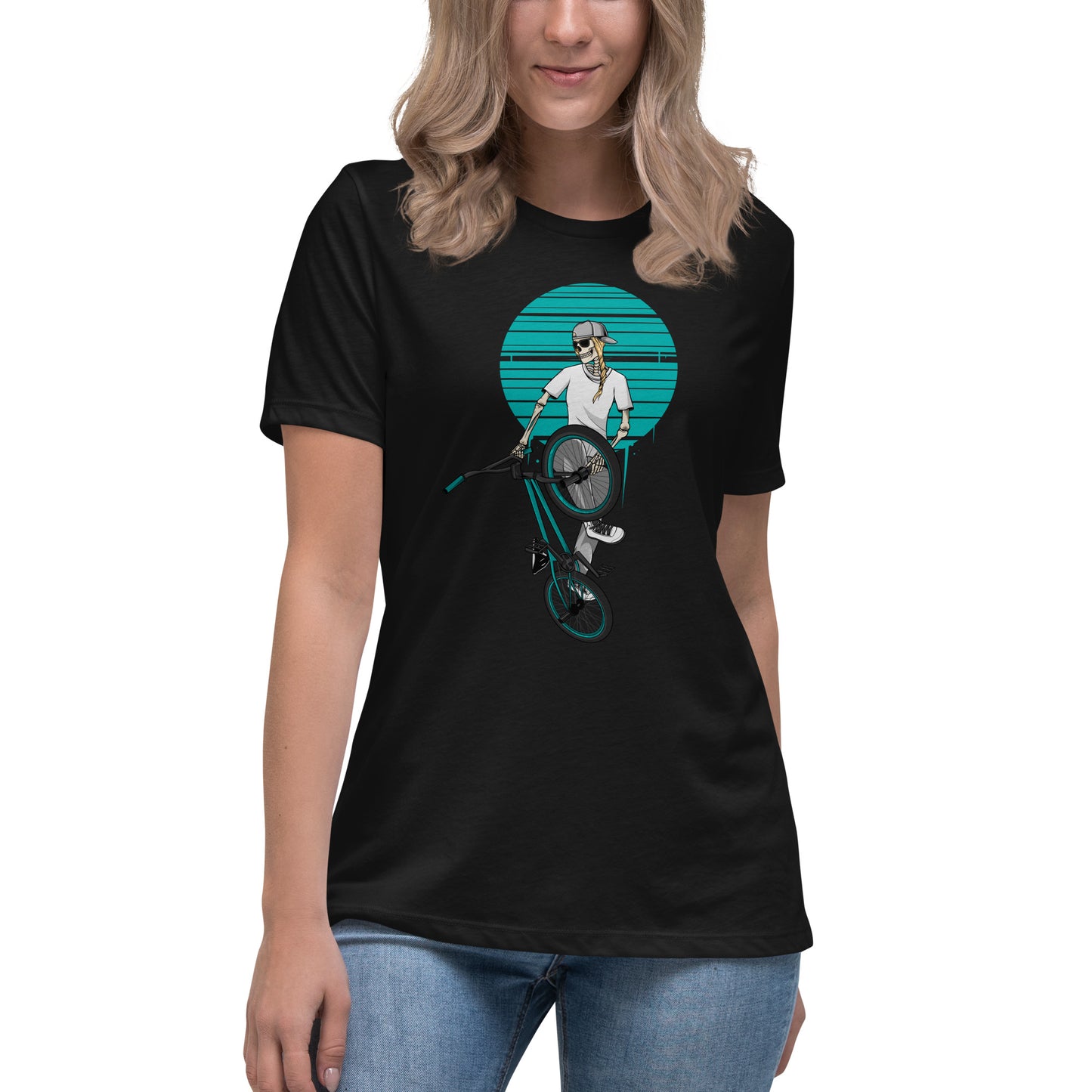 SKELLIES Women's Graphic T-shirt - Skeleton BMXing T-shirt Print, Relaxed Fit, Casual Wear