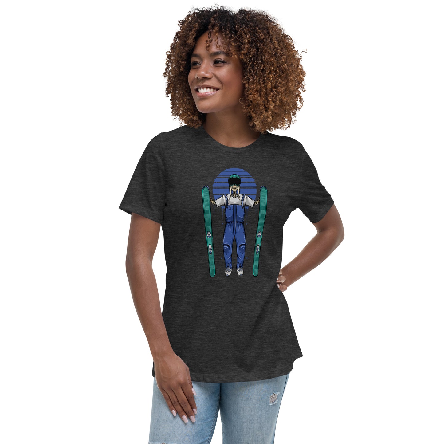 SKELLIES Women's Graphic T-shirt - Skeleton Skiing T-shirt Print, Relaxed Fit, Casual Wear